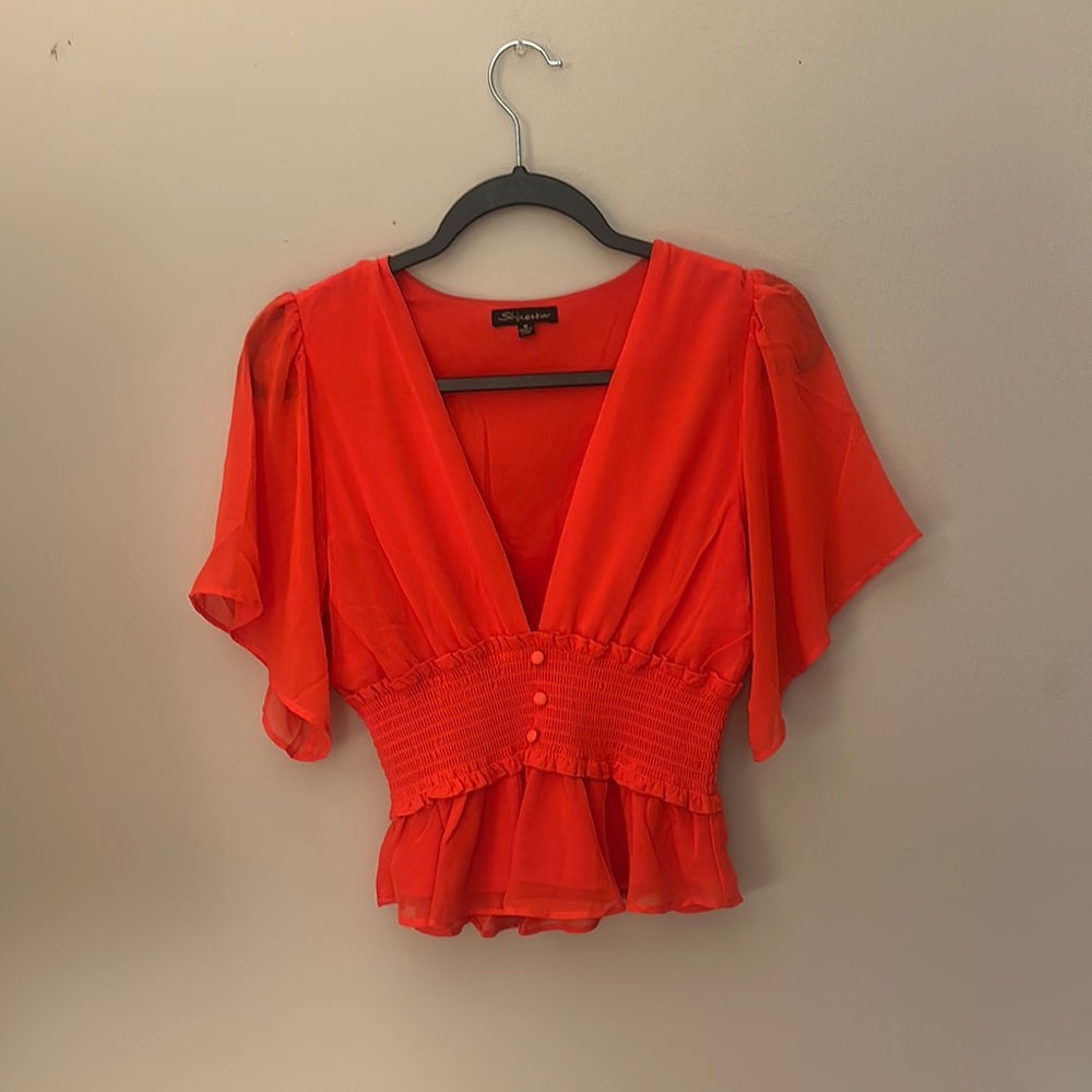 Shinestar Orange Flutter Sleeve Peplum Blouse